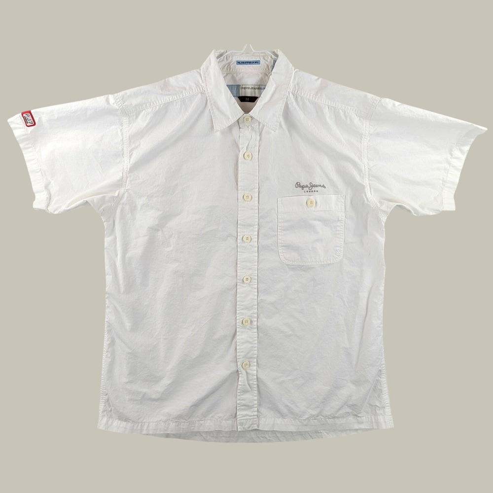 Pepe Jeans London Mens M White Cotton Short Sleeve Button Up Shirt PJL Logo
